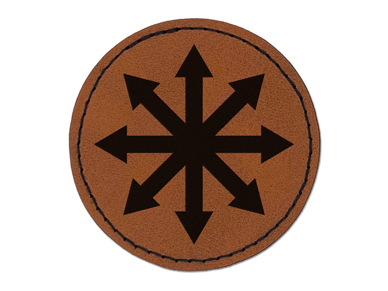 Chaos Symbol Arrows Pointing Out Round Iron-On Engraved Faux Leather Patch Applique - 2.5"